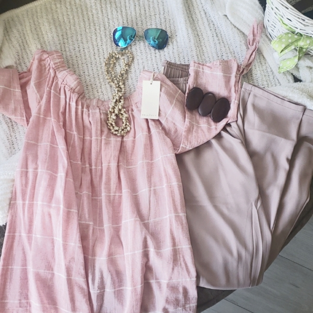 Pink and white striped open back blouse